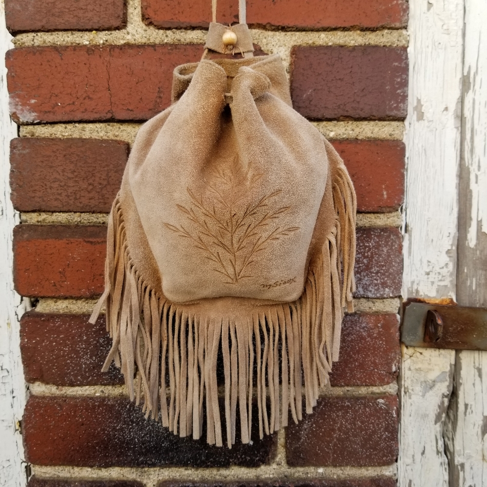 Sioux Tan Suede Fringe Drawstring Pouch Herb Medicine Bag Tooled Southwest Boho